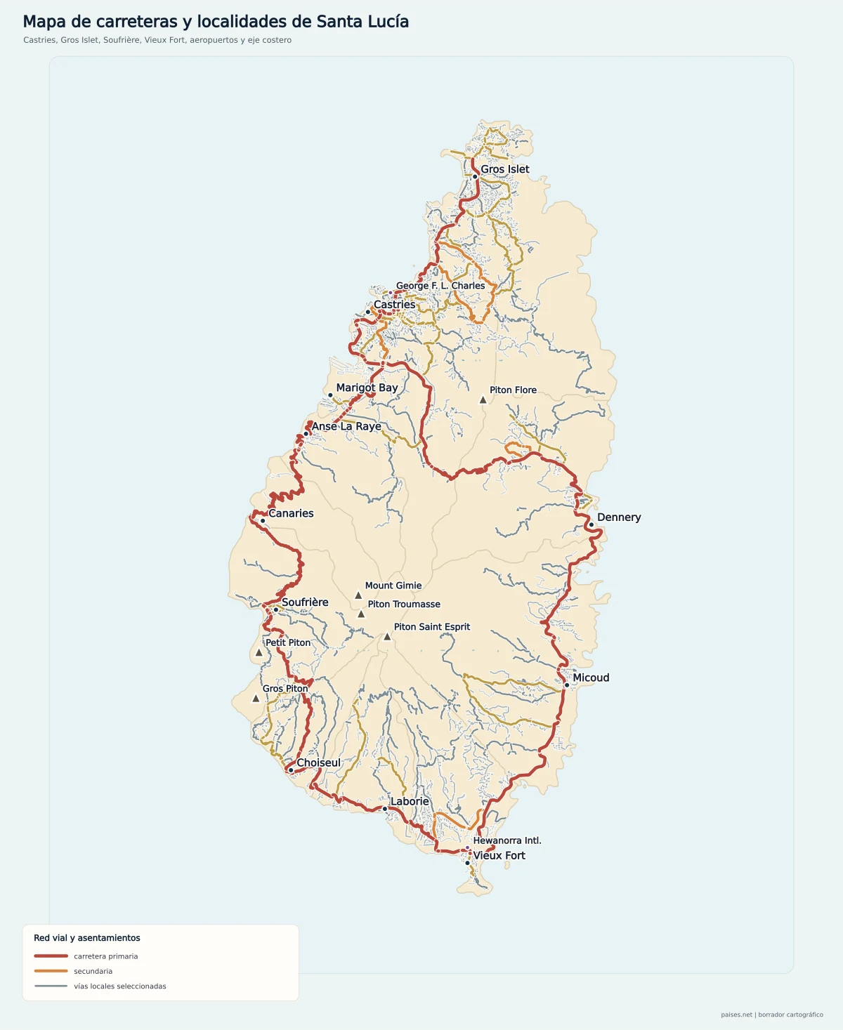 Mapa de carreteras de Santa Lucía con Castries, Gros Islet, Soufrière, Dennery, Micoud, Vieux Fort, Laborie, Choiseul, Canaries, Anse La Raye, Marigot Bay y los aeropuertos