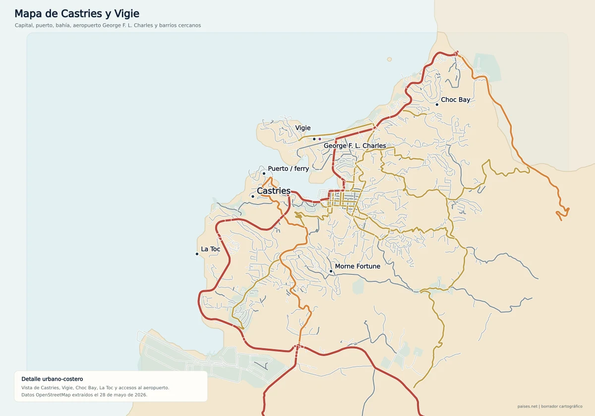 Mapa urbano de Castries con Vigie, Choc Bay, La Toc, Morne Fortune, puerto y aeropuerto George F. L. Charles
