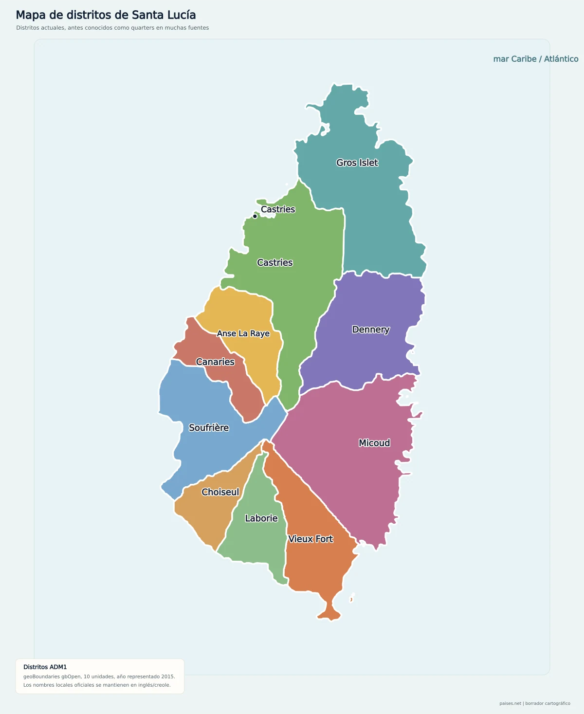 Mapa de Santa Lucía con los distritos de Gros Islet, Castries, Anse La Raye, Canaries, Soufrière, Choiseul, Laborie, Vieux Fort, Micoud y Dennery