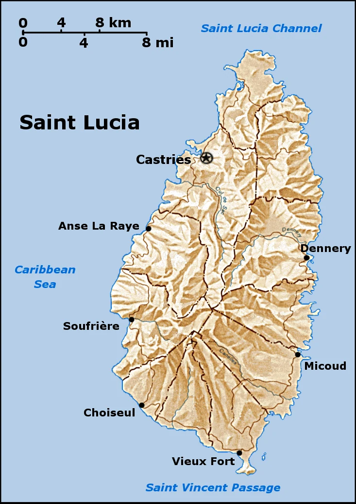 Mapa geográfico de Santa Lucía con relieve, Castries, Anse La Raye, Soufrière, Choiseul, Vieux Fort, Micoud y Dennery