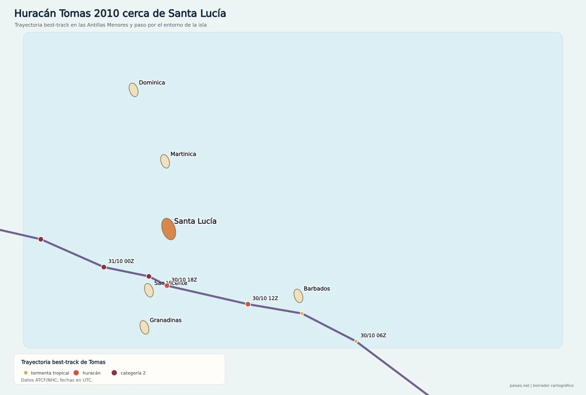 Mapa de la trayectoria best-track del huracán Tomas de 2010 cerca de Santa Lucía, Barbados, San Vicente, Martinica y Dominica