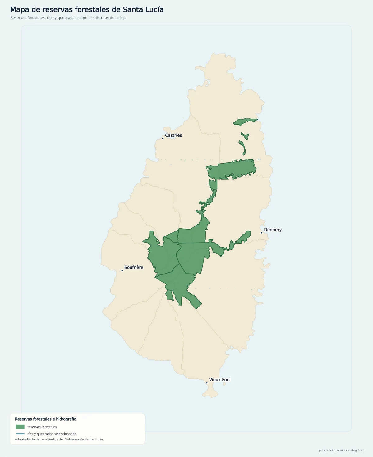 Mapa de Santa Lucía con reservas forestales, ríos, quebradas, Castries, Soufrière, Dennery y Vieux Fort