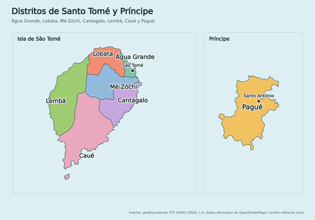 Mapa de distritos de Santo Tomé y Príncipe con Água Grande, Lobata, Mé-Zóchi, Cantagalo, Lembá, Caué y Pagué