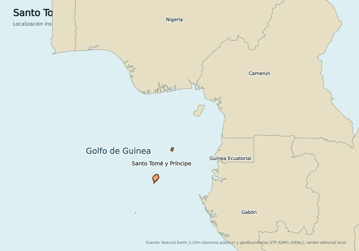 Mapa de localización de Santo Tomé y Príncipe en el golfo de Guinea, frente a Gabón, Guinea Ecuatorial, Camerún y Nigeria