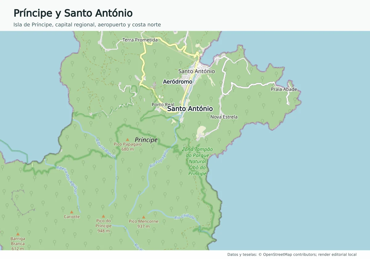 Mapa de la isla de Príncipe con Santo António, aeródromo de Príncipe, carreteras, costa norte y localidades
