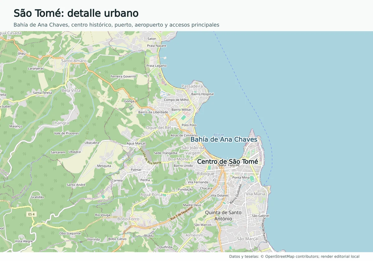 Mapa urbano de São Tomé con Bahía de Ana Chaves, centro de São Tomé, puerto, aeropuerto y barrios próximos