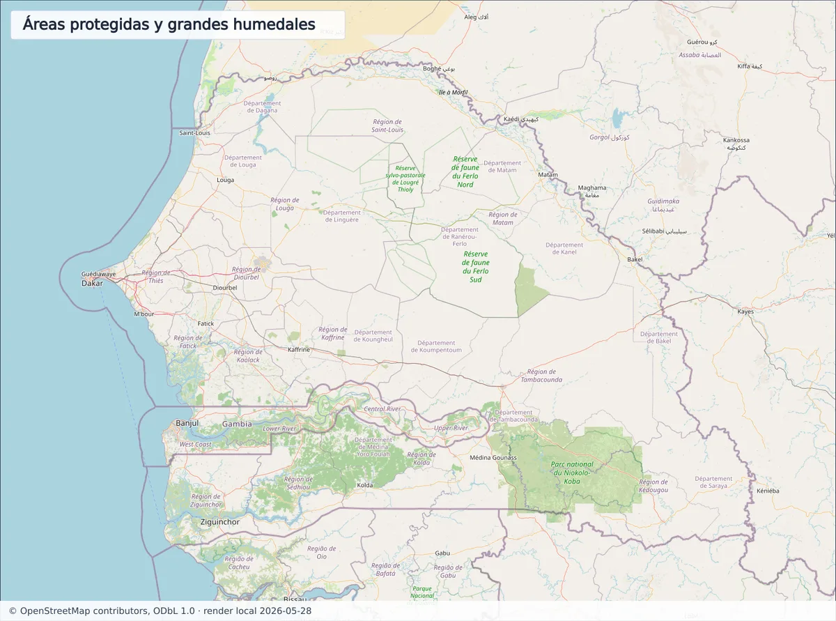 Mapa OpenStreetMap de Senegal con áreas protegidas y humedales, Delta du Saloum, Parc National des Oiseaux du Djoudj, Niokolo-Koba, Ferlo y Casamance