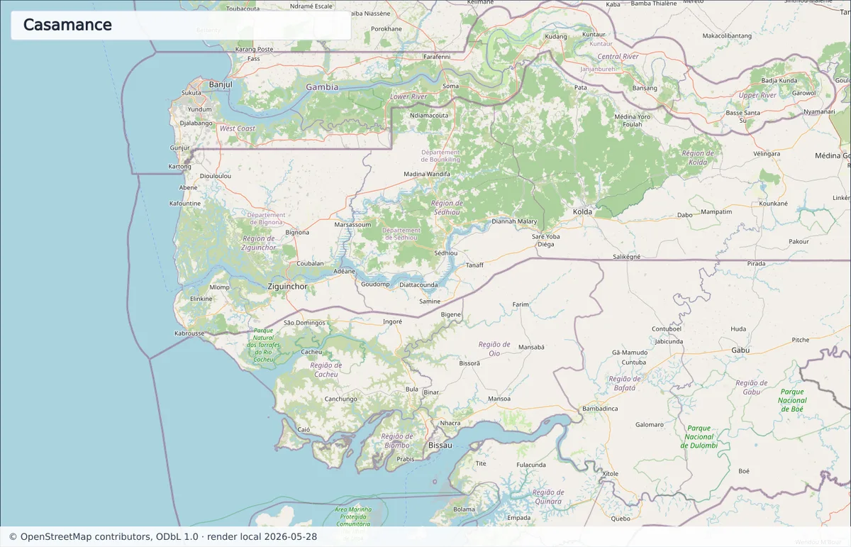 Mapa OpenStreetMap de la Casamance con Ziguinchor, Bignona, Sédhiou, Kolda, río Casamance, frontera con Gambia y Guinea-Bissau