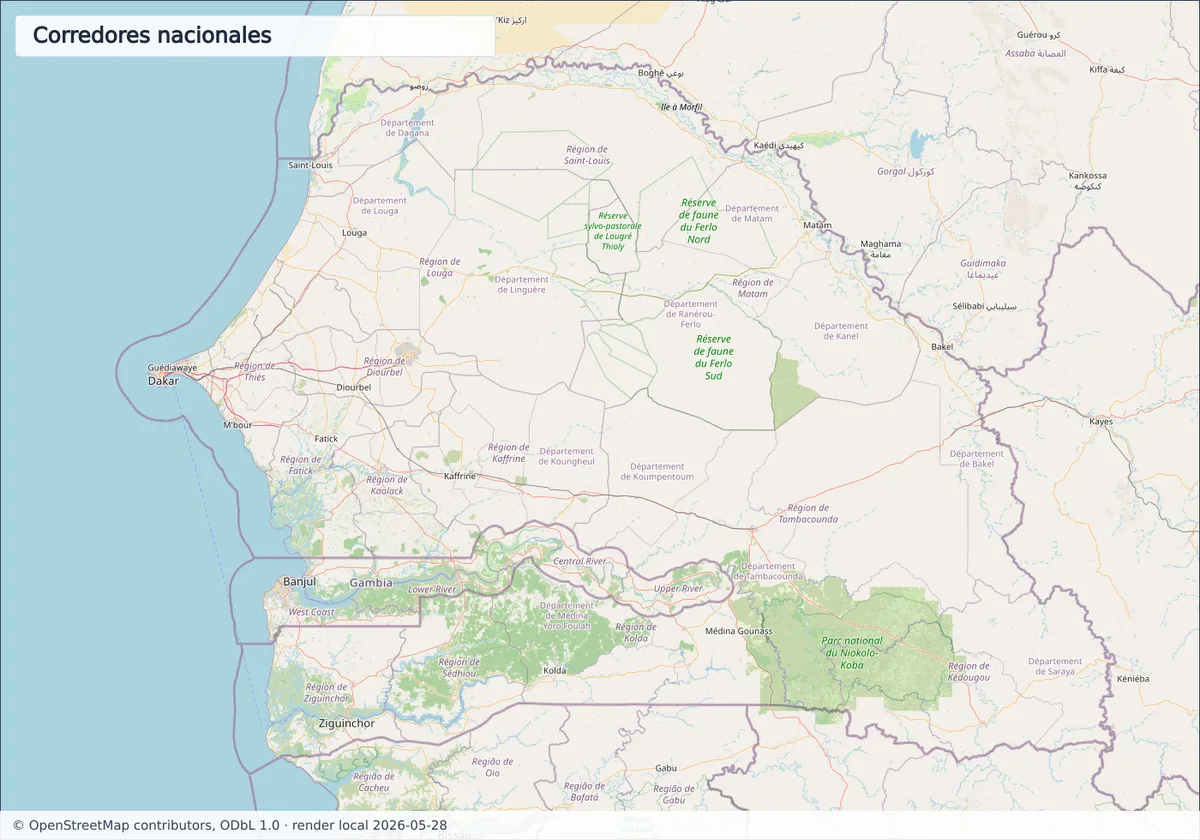 Mapa OpenStreetMap de Senegal con Dakar, Thiès, Touba, Kaolack, Kaffrine, Tambacounda, Kédougou, Saint-Louis, Gambia, Mauritania, Mali y Guinea-Bissau