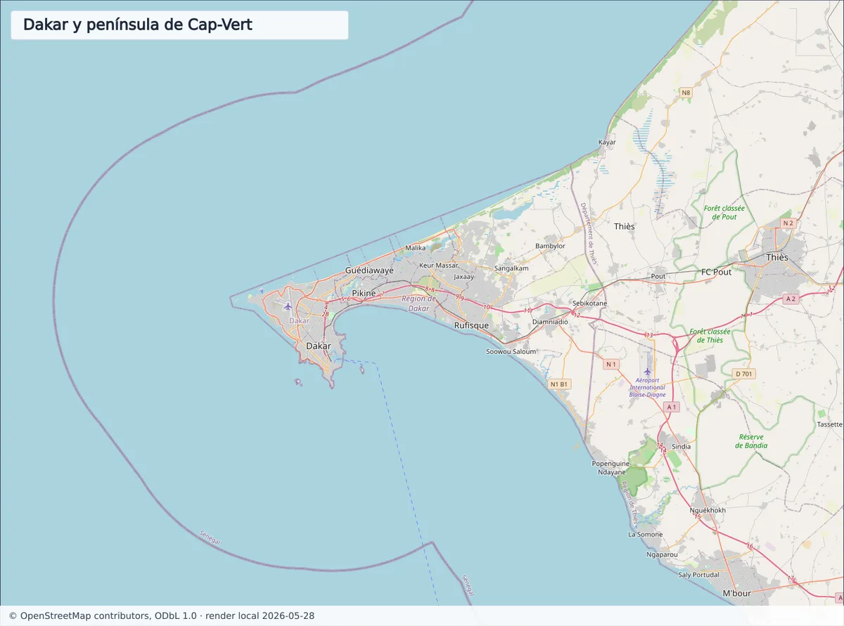 Mapa OpenStreetMap de Dakar, Guédiawaye, Pikine, Rufisque, Diamniadio, Thiès, Mbour, aeropuerto, costa atlántica y península de Cap-Vert