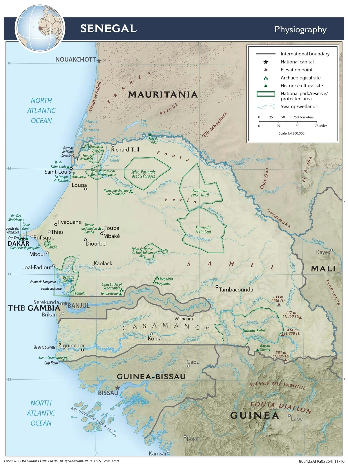 Mapa físico de Senegal con relieve sombreado, río Senegal, Saloum, Gambia, Casamance, Delta du Saloum, Djoudj y Niokolo-Koba