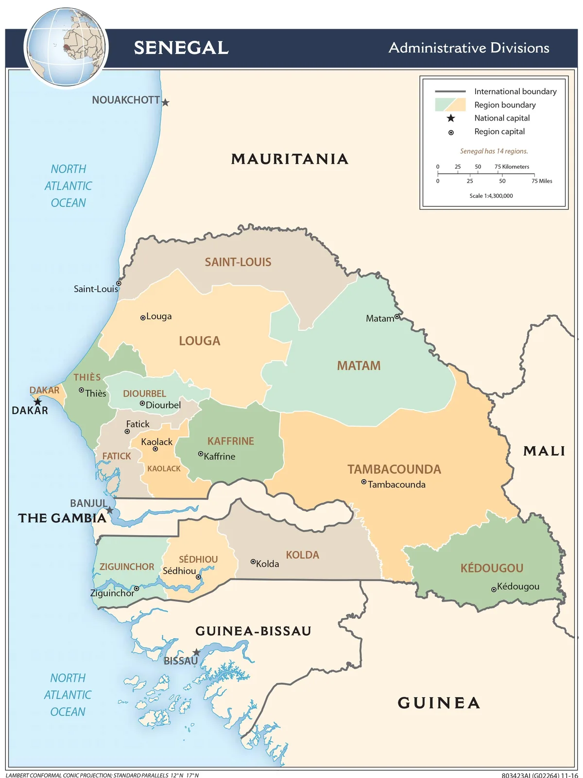 Mapa administrativo de Senegal con sus 14 regiones, Dakar, Thiès, Diourbel, Louga, Saint-Louis, Matam, Tambacounda, Kédougou, Kolda, Sédhiou, Ziguinchor, Kaffrine, Kaolack y Fatick