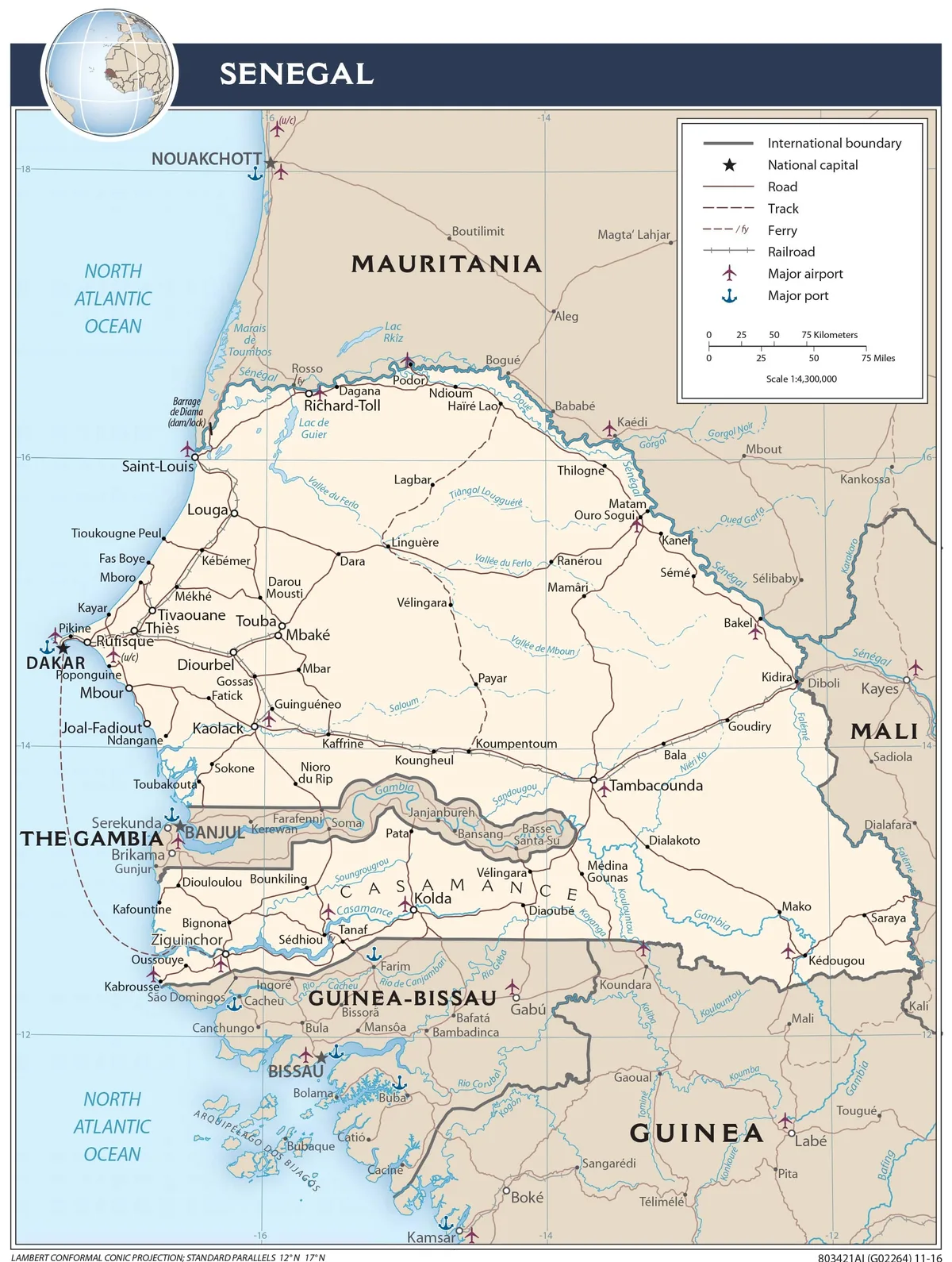 Mapa de transporte de Senegal con Dakar, Saint-Louis, Thiès, Touba, Kaolack, Tambacounda, Kédougou, Ziguinchor, carreteras, ferrocarril, ferris, aeropuerto y puertos