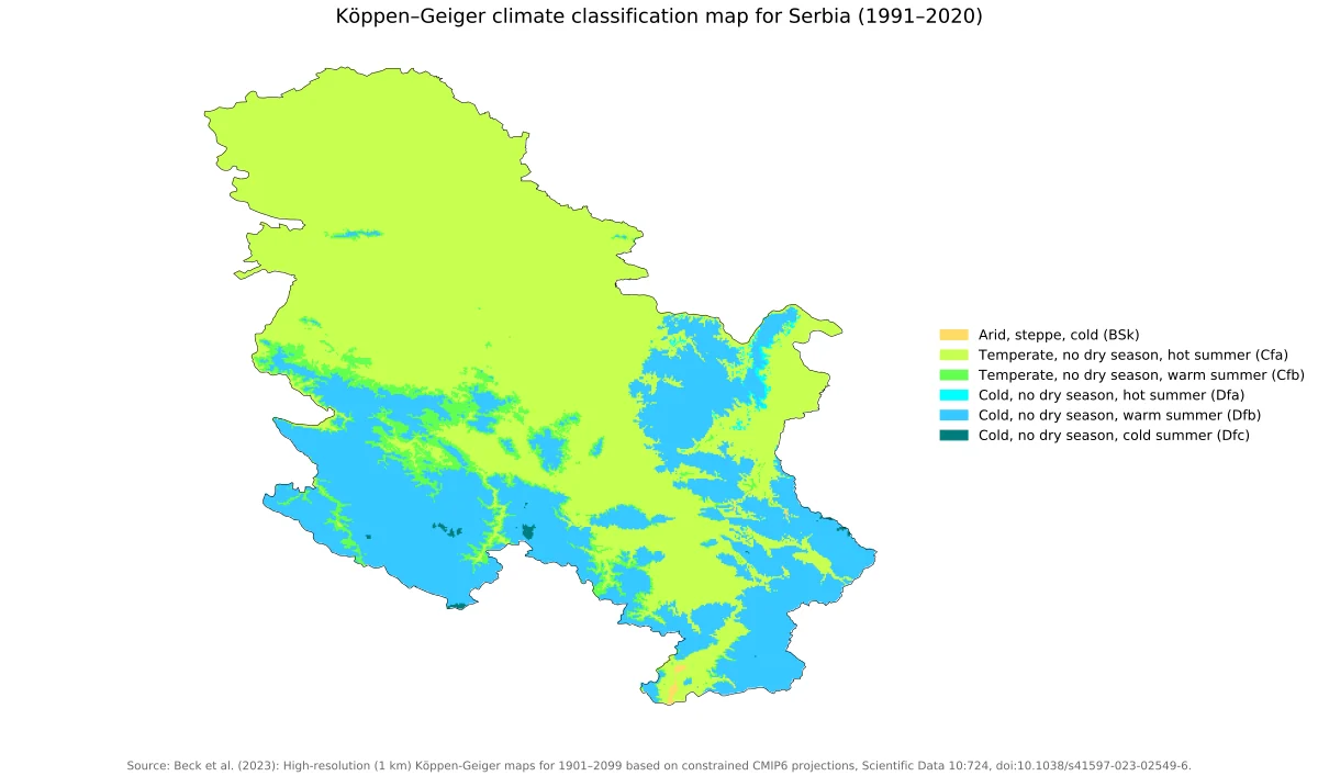 Mapa de Serbia con clasificacion climatica Koppen-Geiger 1991-2020 y categorias Cfa, Cfb, Dfa, Dfb, Dfc y BSk