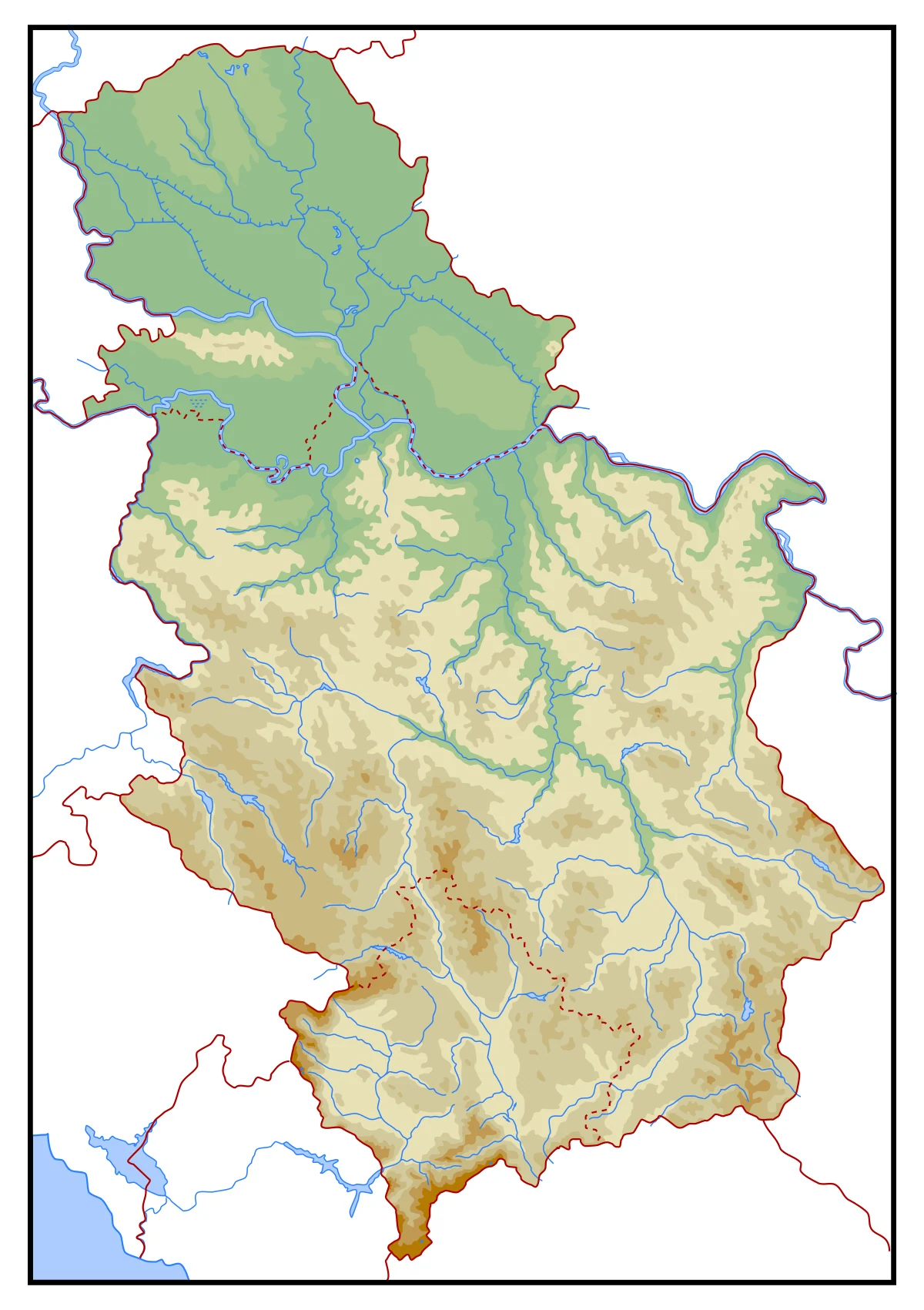 Mapa fisico de Serbia con relieve, llanura panonica, montanas del sur y oeste, rios Danubio, Sava, Morava, Drina y Timok