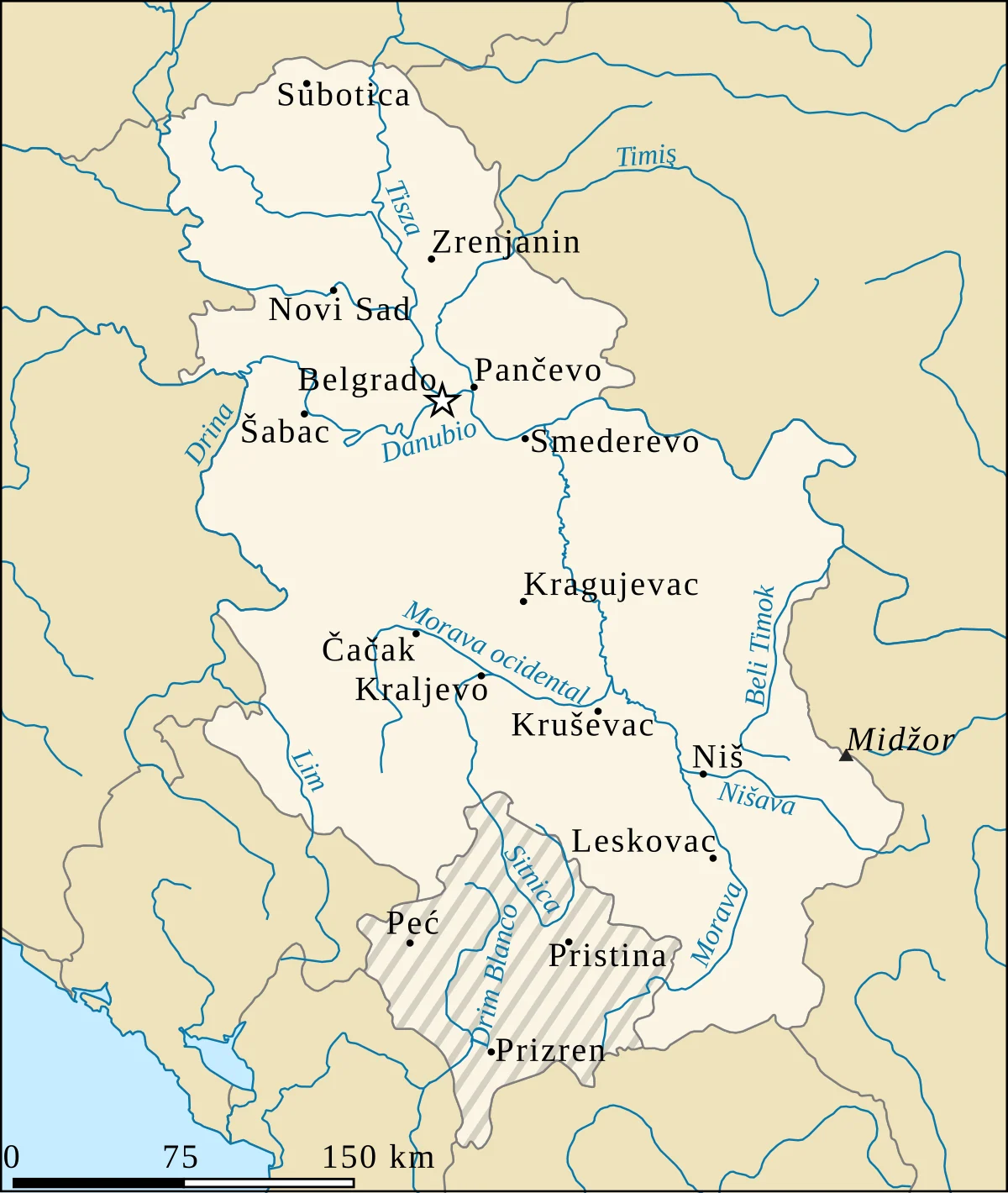 Mapa de Serbia en español con rios Danubio, Drina, Tisza, Morava occidental, Nisava, Timok, Lim, Sitnica e Ibar Blanco y ciudades Belgrado, Novi Sad, Nis y Pristina