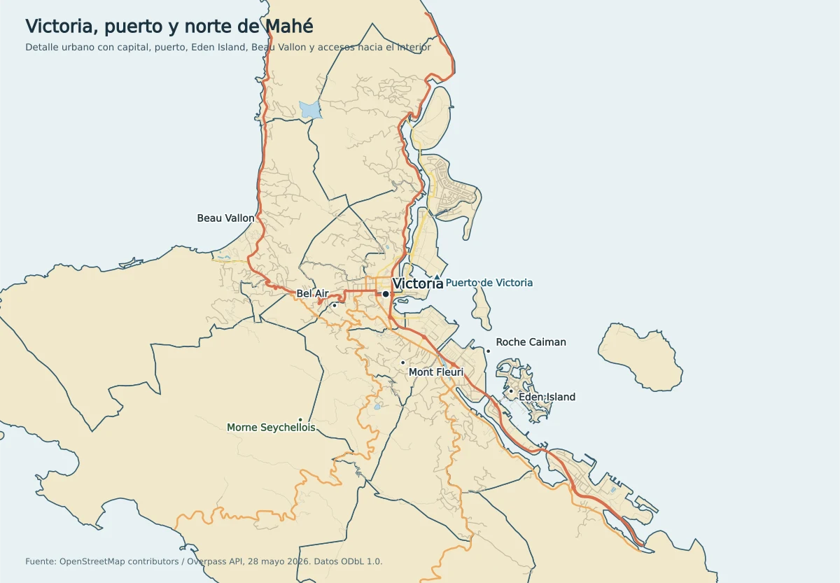 Mapa urbano de Victoria en Mahé con puerto de Victoria, Eden Island, Beau Vallon, Mont Fleuri, Roche Caiman, Bel Air y Morne Seychellois