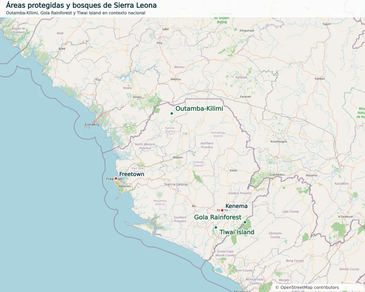 Mapa de áreas protegidas de Sierra Leona con Outamba-Kilimi, Gola Rainforest, Tiwai Island, Freetown y Kenema