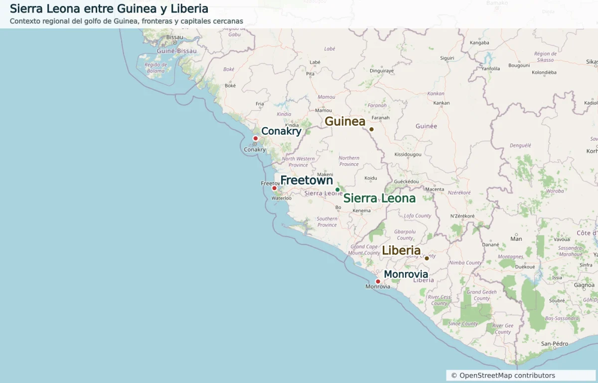 Mapa regional de Sierra Leona entre Guinea y Liberia, con Freetown, Conakry, Monrovia, costa atlántica y fronteras
