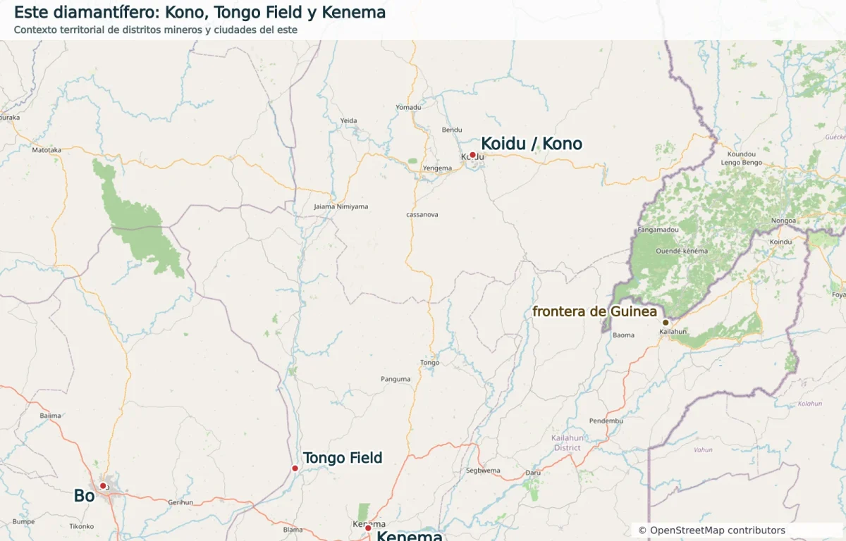 Mapa del este de Sierra Leona con Koidu y Kono, Tongo Field, Kenema, Bo y la frontera con Guinea