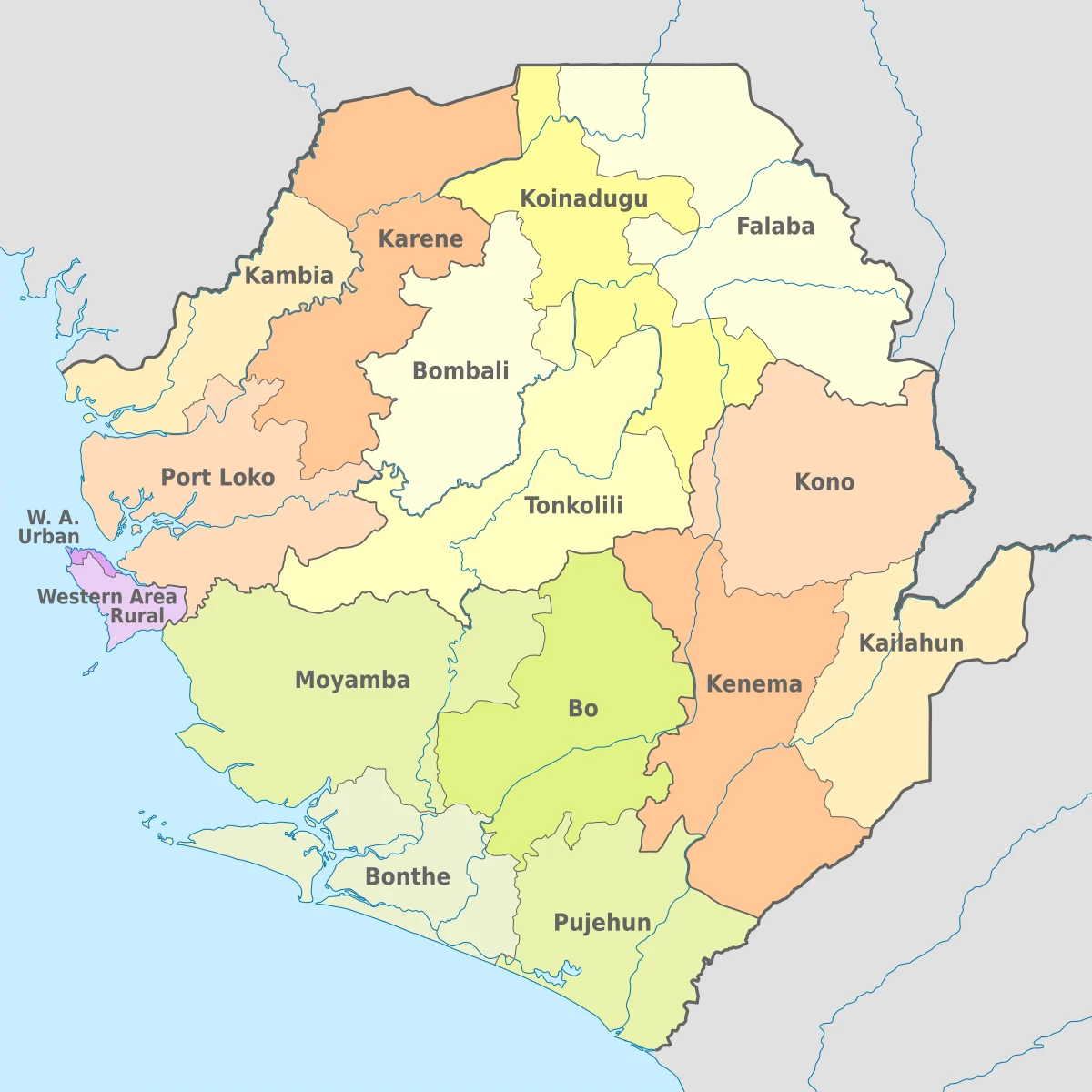 Mapa administrativo de Sierra Leona con provincias y distritos, incluyendo Western Area, Bombali, Bo, Kenema, Kono, Port Loko, Tonkolili, Kailahun, Falaba y Karene