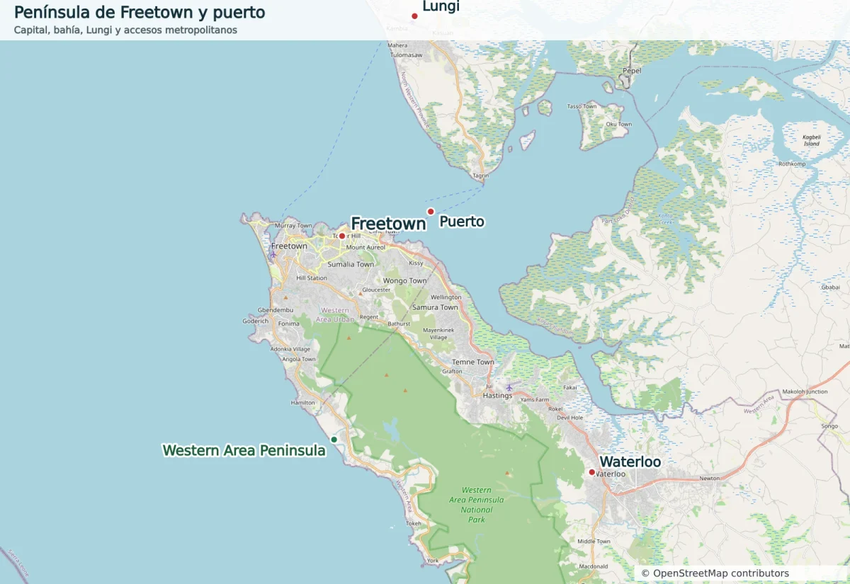 Mapa urbano de Freetown y su península con puerto, bahía, Lungi, Waterloo, Western Area Peninsula y accesos metropolitanos
