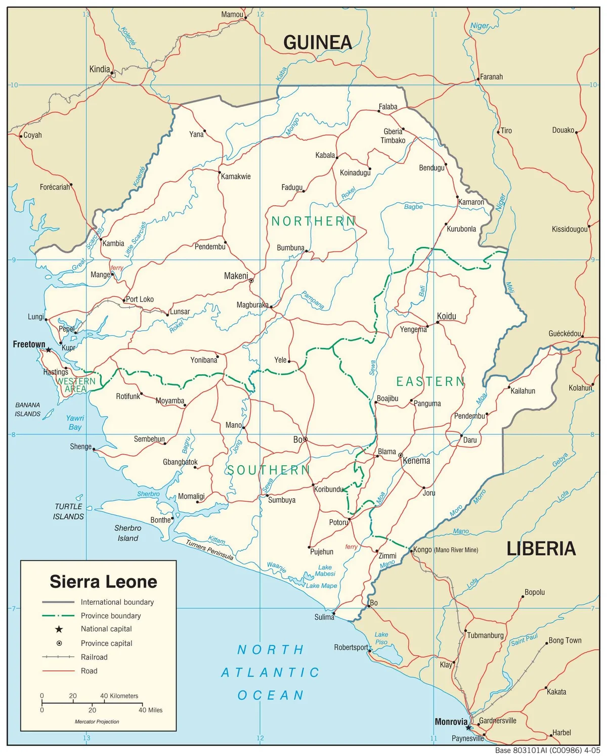 Mapa de transporte de Sierra Leona con carreteras, ferrocarril, aeropuertos, Freetown, Bo, Kenema, Makeni, Koidu, Lungi, puertos y fronteras