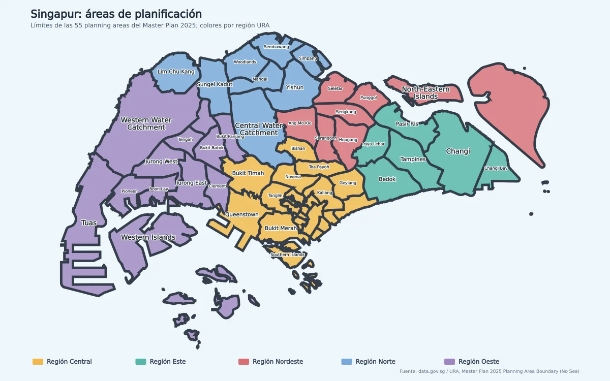 Mapa de Singapur con límites de áreas de planificación como Changi, Bedok, Tampines, Yishun, Woodlands, Jurong West, Tuas, Queenstown, Bukit Timah y la zona central