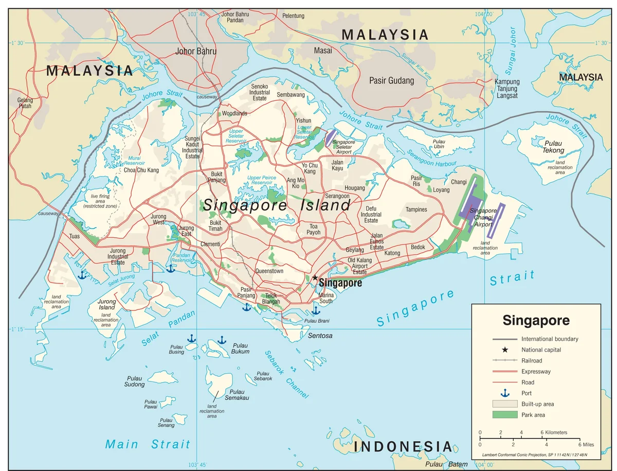 Mapa de transporte de Singapur con autopistas, carreteras, ferrocarril, pasos hacia Johor, puertos, Singapore Changi Airport, Jurong, Tuas, Woodlands, Tampines y Marina South