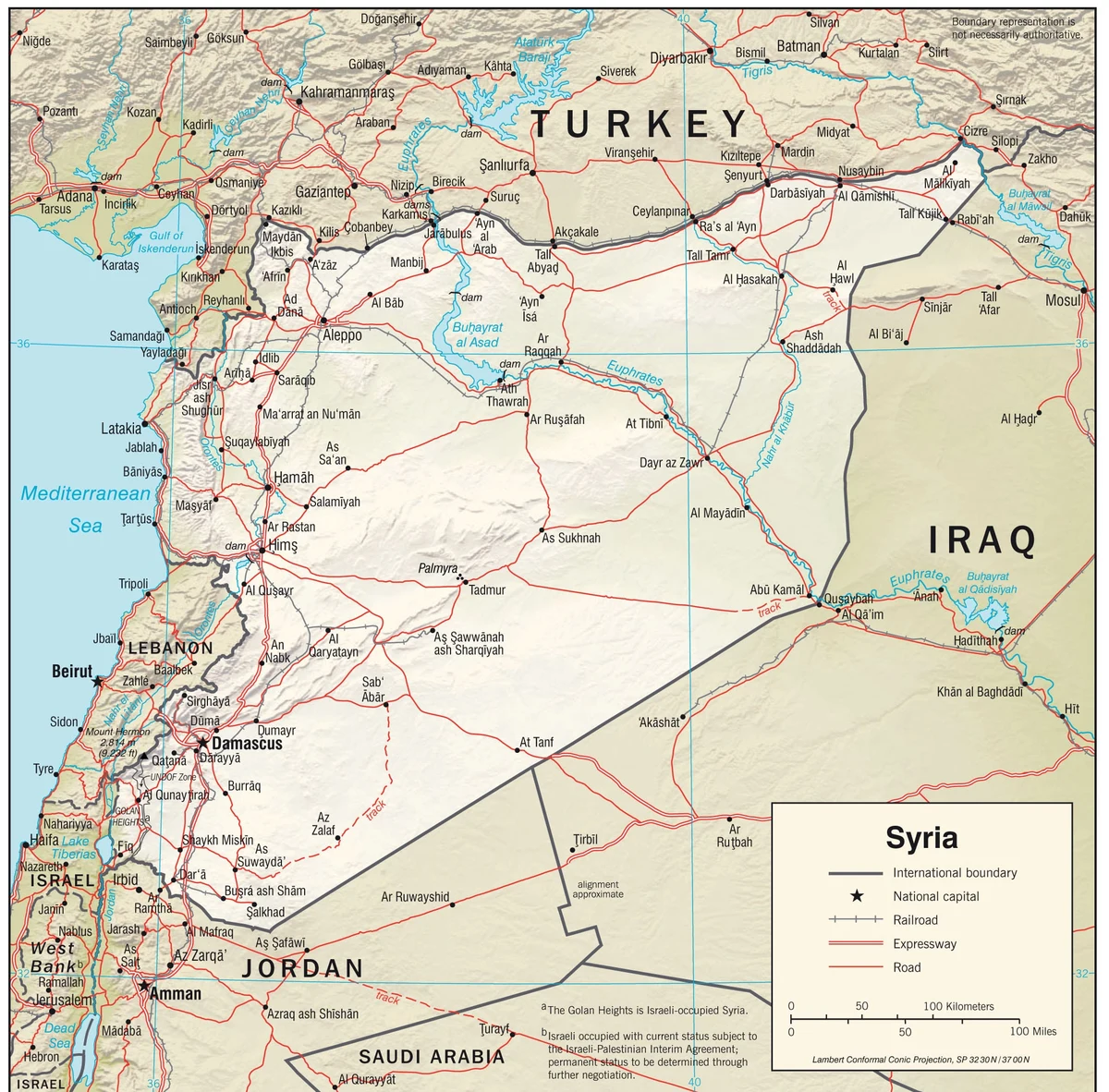 Mapa físico de Siria con relieve, Mediterráneo, Orontes, Éufrates, lago Asad, Khabur, Damasco, Alepo, Homs, Hama y Deir ez-Zor
