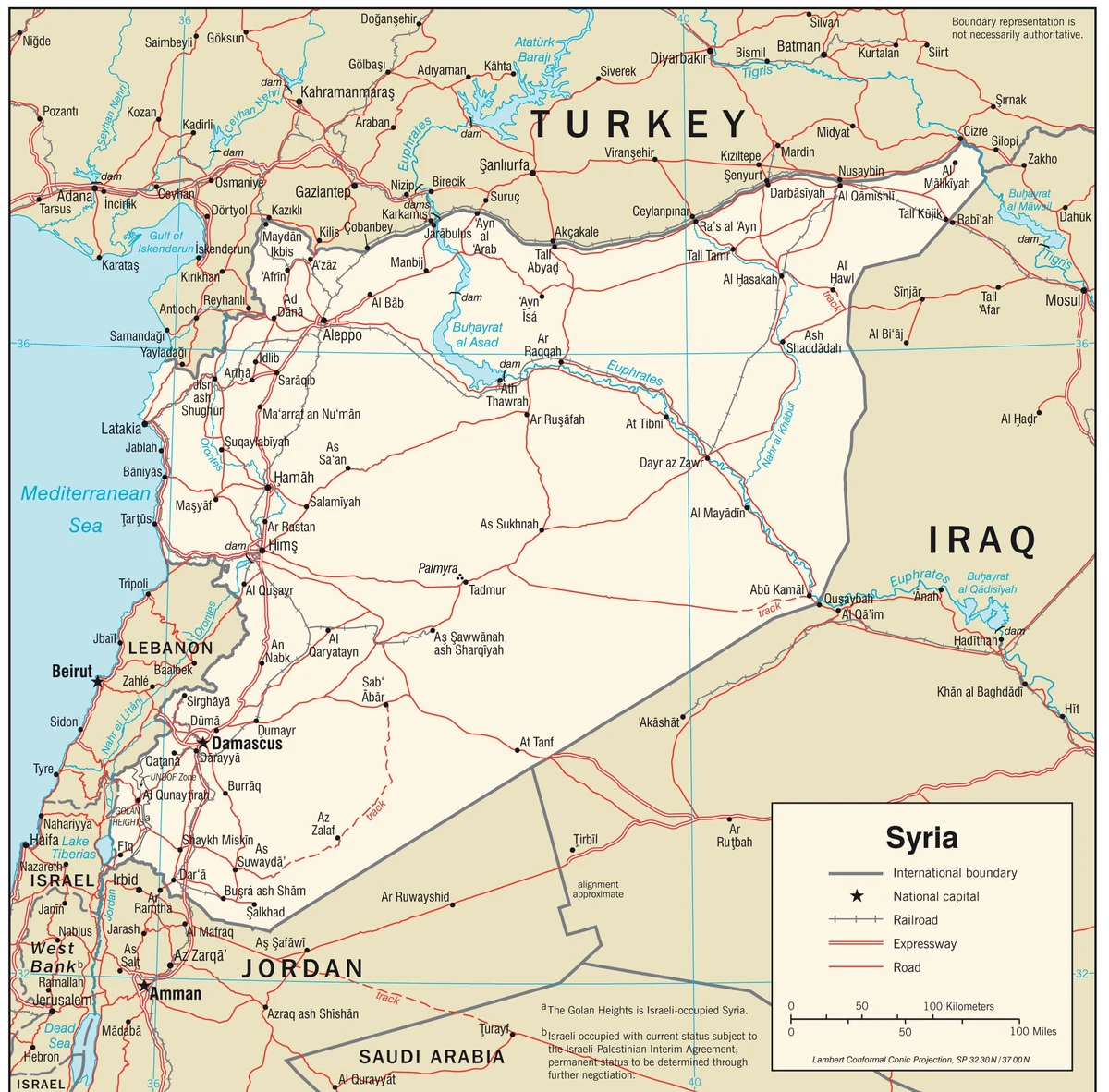 Mapa de transporte de Siria con carreteras, autopistas, ferrocarril, Damasco, Alepo, Homs, Hama, Latakia, Tartus, Al Raqa y Deir ez-Zor