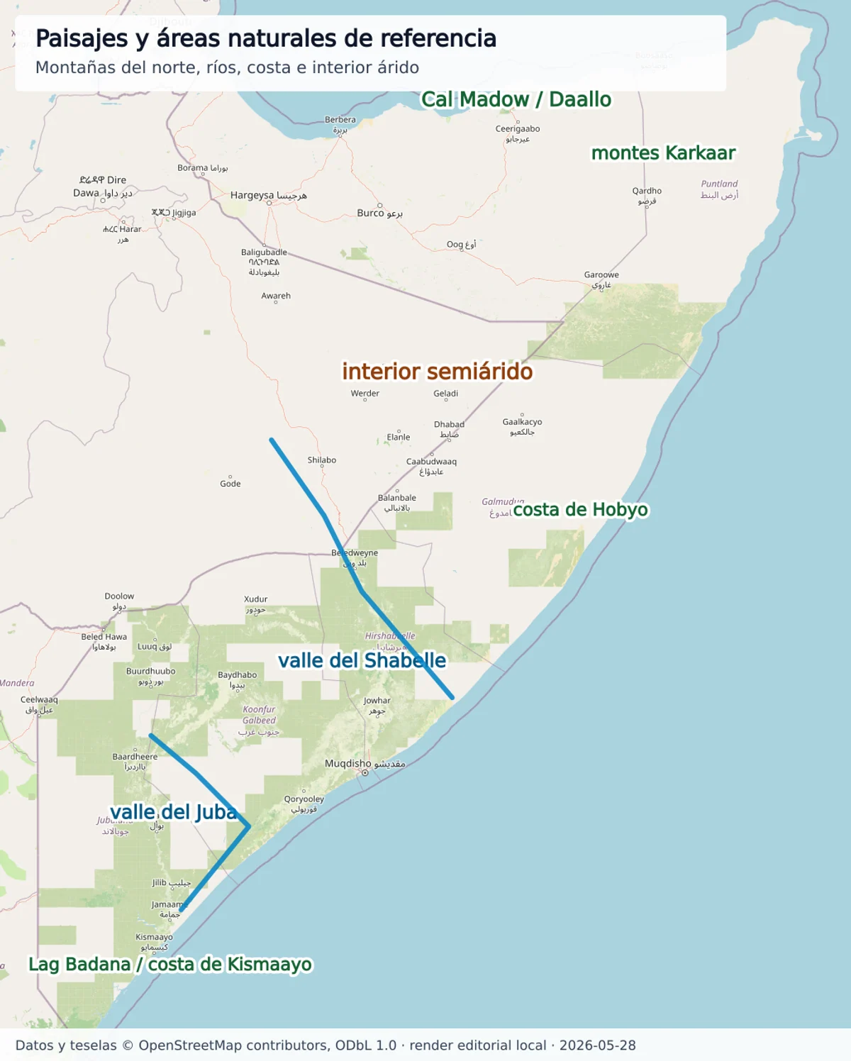 Mapa de Somalia con Cal Madow, Daallo, montes Karkaar, valles del Juba y Shabelle, costa de Hobyo, Lag Badana y costa de Kismaayo