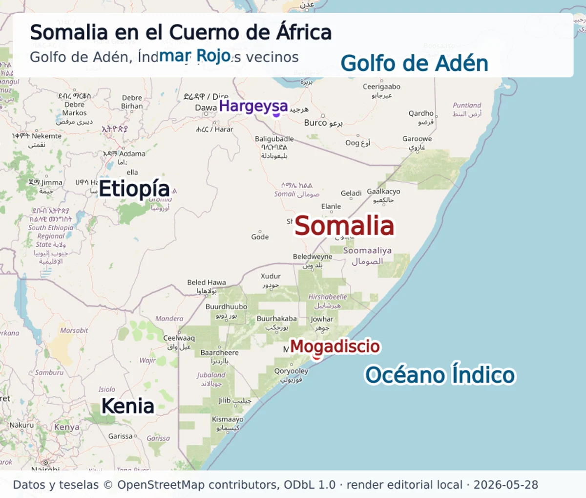 Mapa de contexto de Somalia en el Cuerno de África con Etiopía, Kenia, Yemen, golfo de Adén, mar Rojo y océano Índico