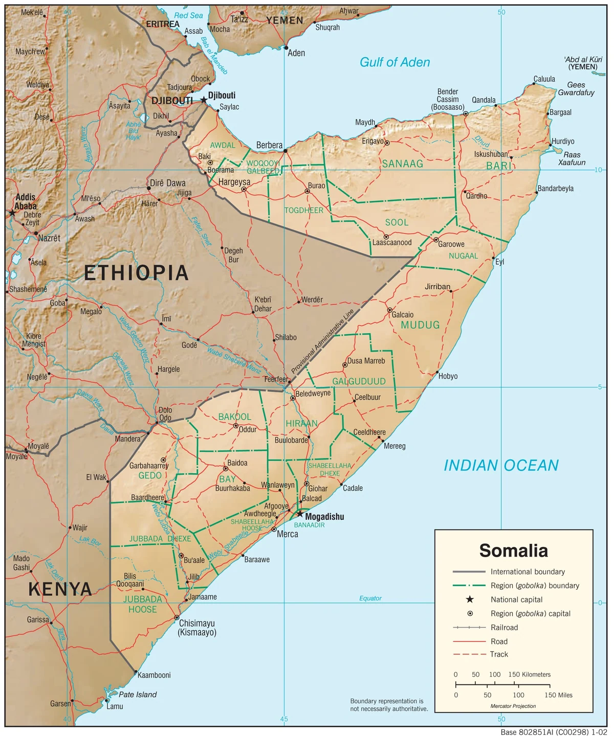 Mapa físico de Somalia con relieve del Cuerno de África, golfo de Adén, océano Índico, ríos Juba y Shabelle, Etiopía, Kenia y Yibuti