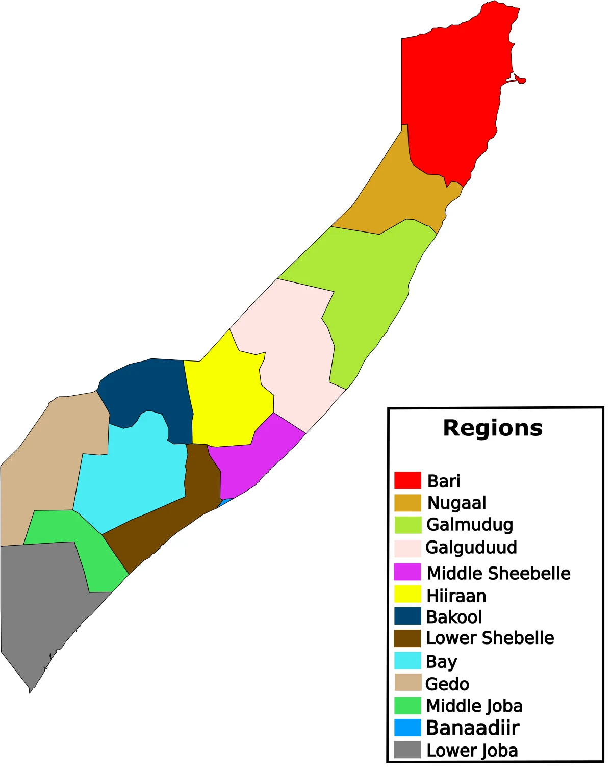 Mapa de Somalia con regiones como Bari, Nugaal, Sanaag, Togdheer, Woqooyi Galbeed, Mudug, Hiraan, Bay, Gedo, Banaadir y Jubbada Hoose