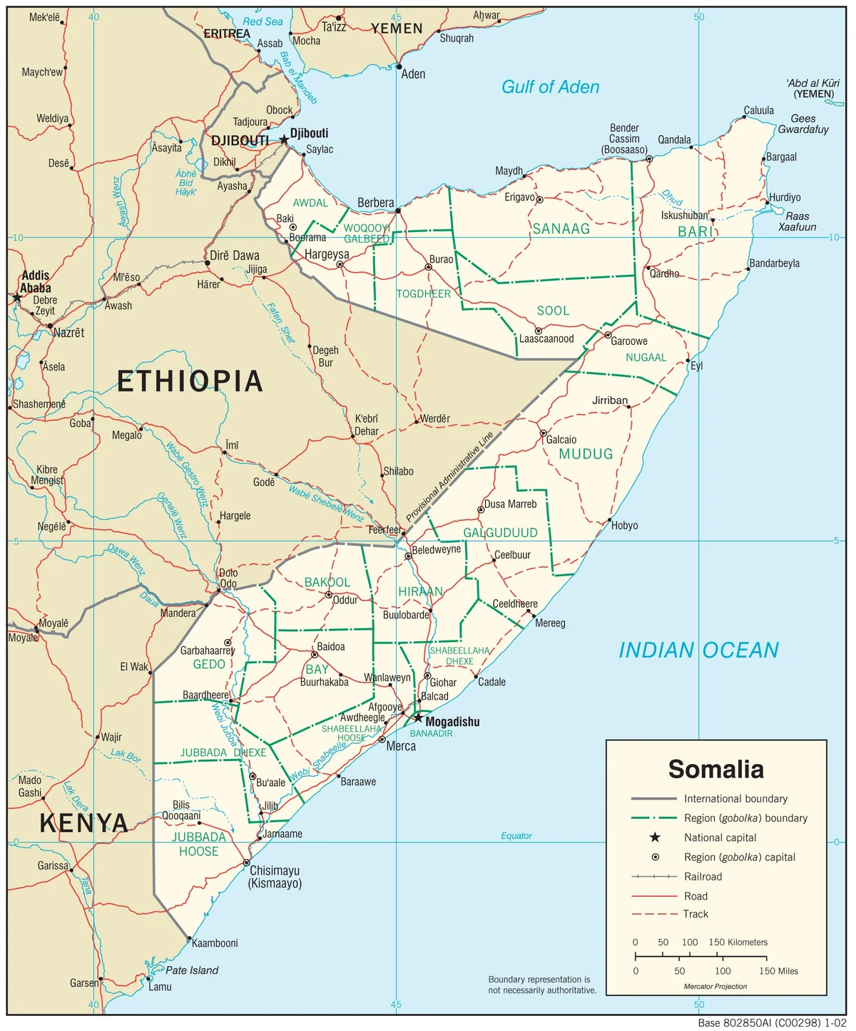 Mapa de transporte de Somalia con carreteras, pistas, ferrocarril antiguo, puertos, capital nacional y capitales regionales