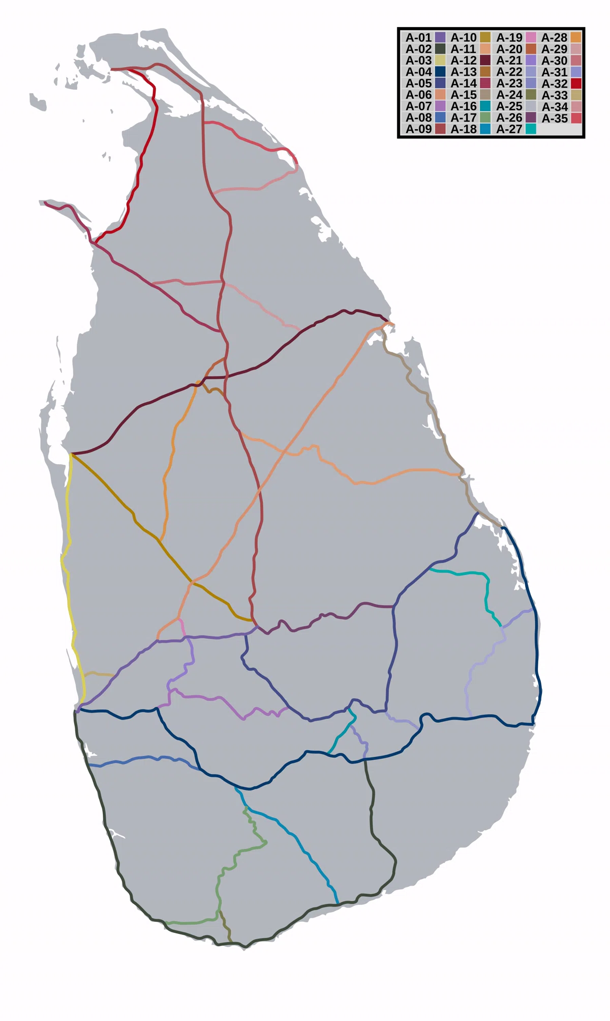 Mapa de Sri Lanka con red de carreteras A, corredores norte-sur, oeste-este, costa occidental, costa oriental y sur de la isla