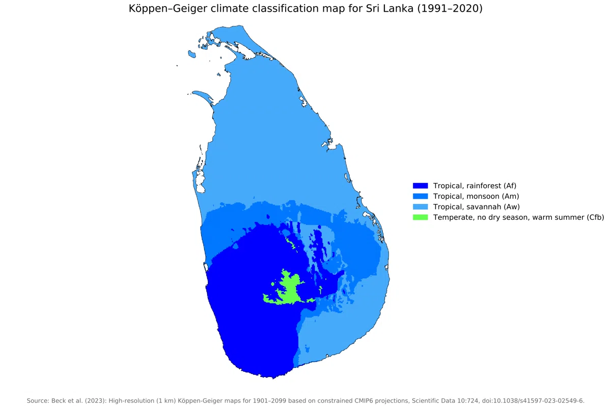 Mapa de Sri Lanka con clasificacion climatica Koppen-Geiger 1991-2020, clima tropical de selva, monzonico, sabana y clima templado de altura