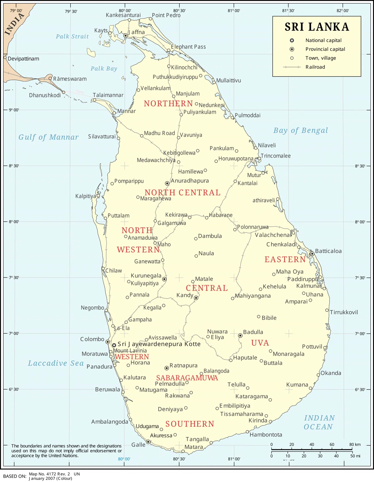 Mapa de Sri Lanka con provincias, Colombo, Sri Jayewardenepura Kotte, Jaffna, Kandy, Galle, Trincomalee, Batticaloa, Anuradhapura y red ferroviaria
