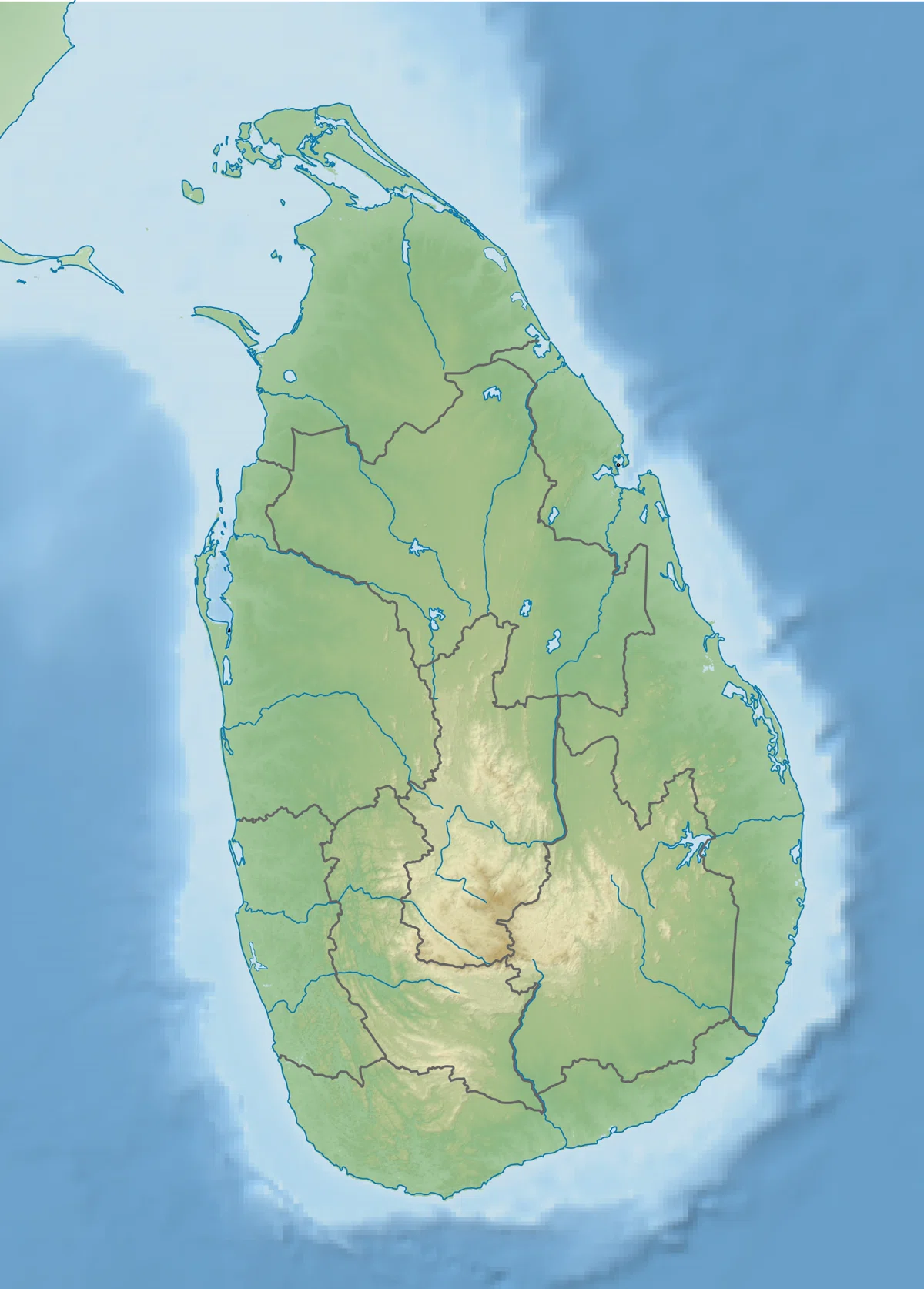 Mapa fisico de Sri Lanka con relieve, Tierras Altas Centrales, rios, costas, provincias y batimetria cercana