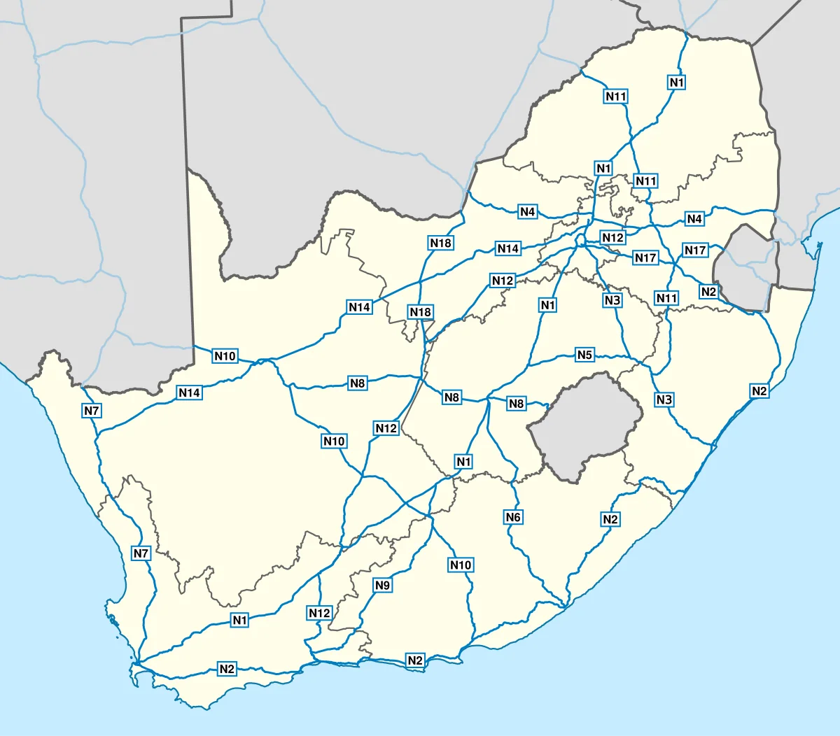 Mapa de Sudáfrica con la red de carreteras nacionales N1, N2, N3, N4, N7, N10, N12, N14 y otras rutas principales