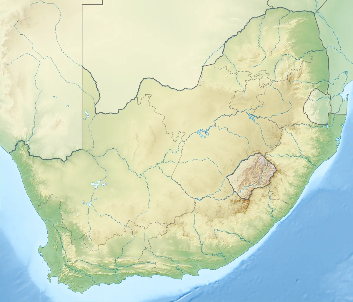 Mapa físico de Sudáfrica con relieve, ríos, costas, países vecinos y océanos