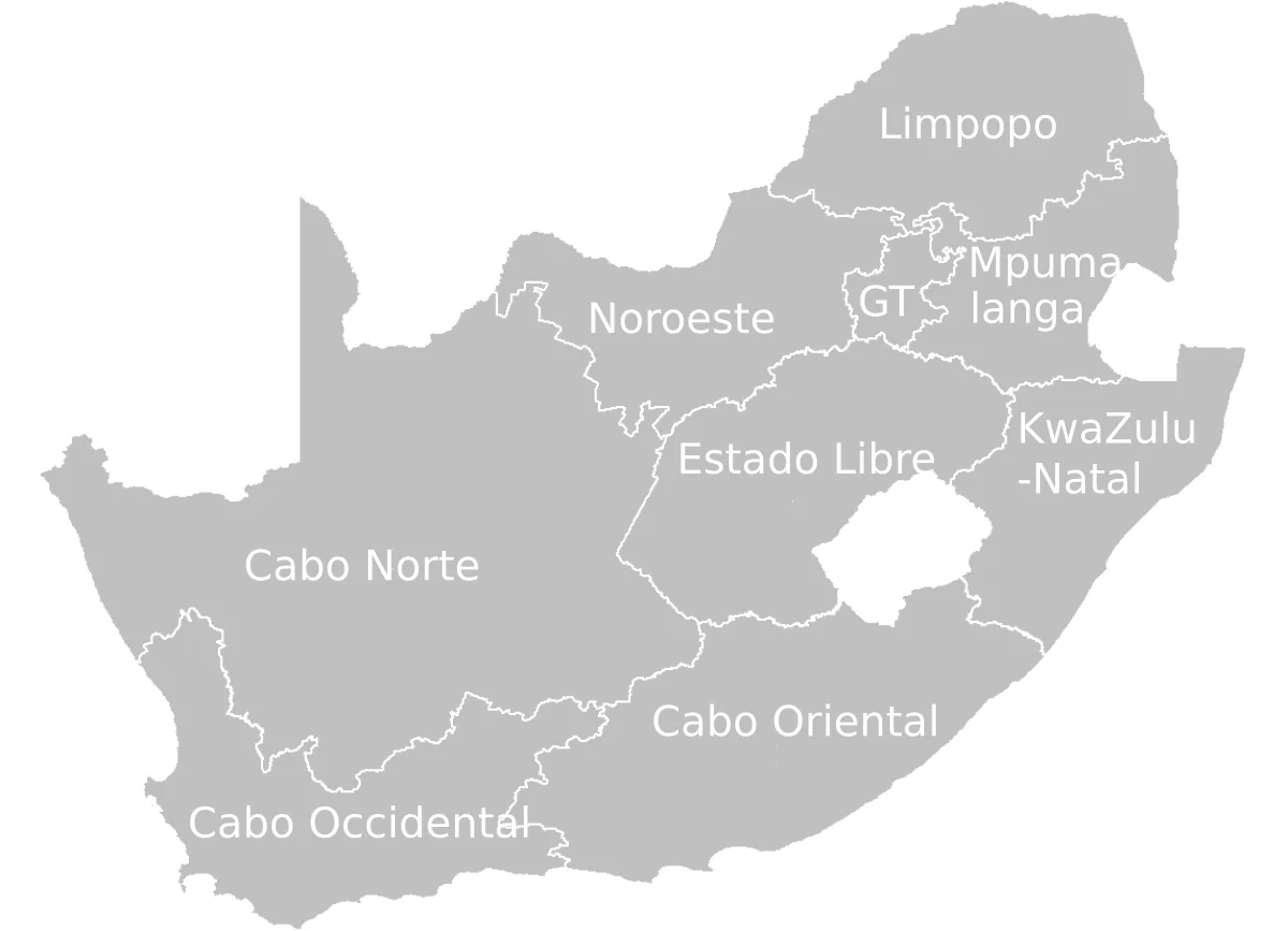 Mapa político de Sudáfrica en español con sus provincias: Cabo Norte, Cabo Occidental, Cabo Oriental, Estado Libre, Noroeste, Gauteng, Limpopo, Mpumalanga y KwaZulu-Natal