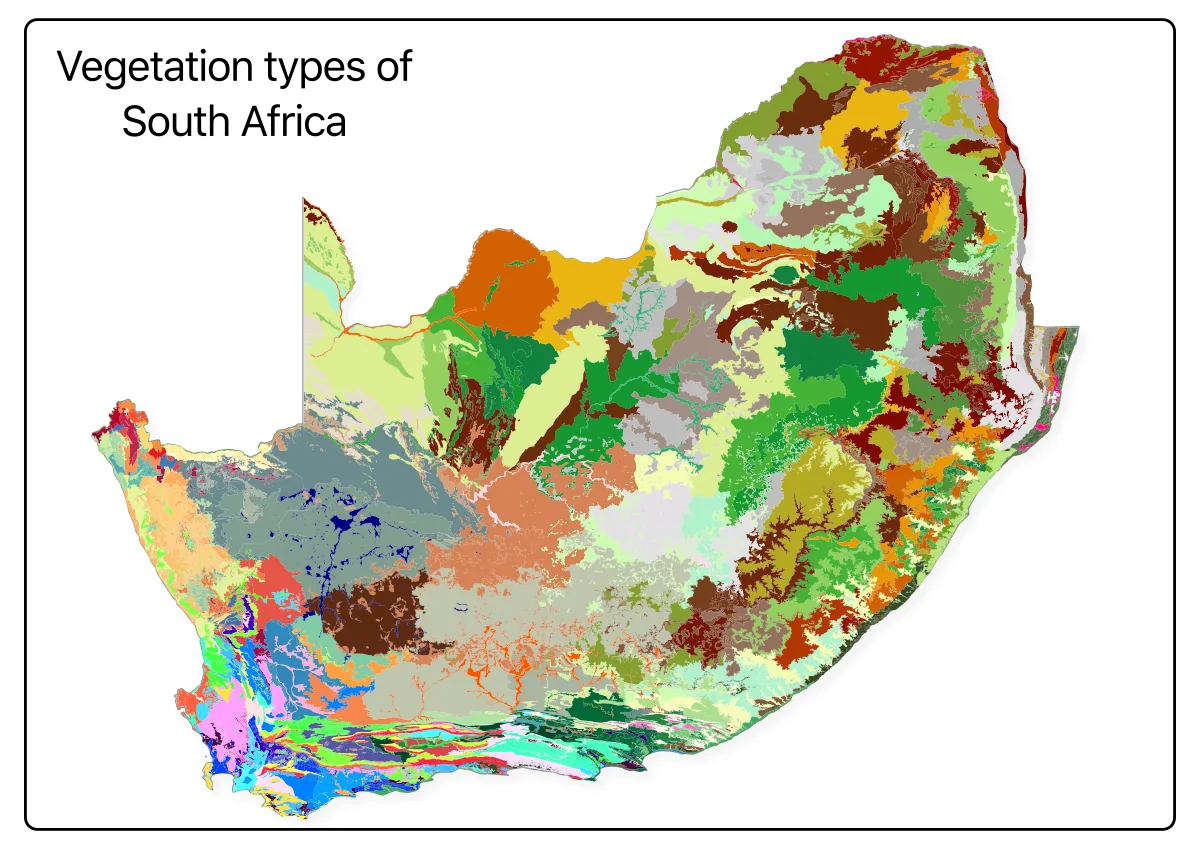 Mapa de tipos de vegetación de Sudáfrica basado en datos del proyecto VEGMAP de SANBI