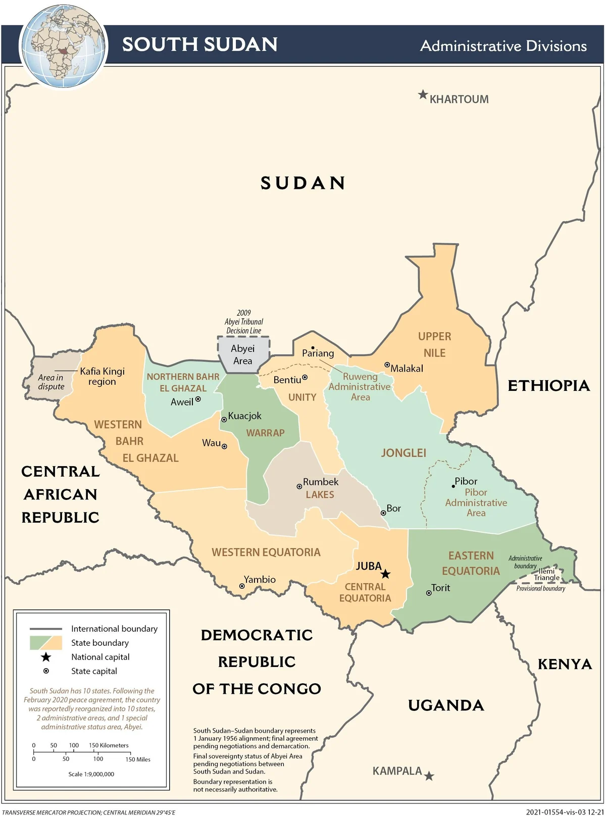 Mapa administrativo de Sudán del Sur con diez estados, Juba, Malakal, Wau, Bentiu, Rumbek, Bor, Yambio, Torit, Aweil y Kuacjok