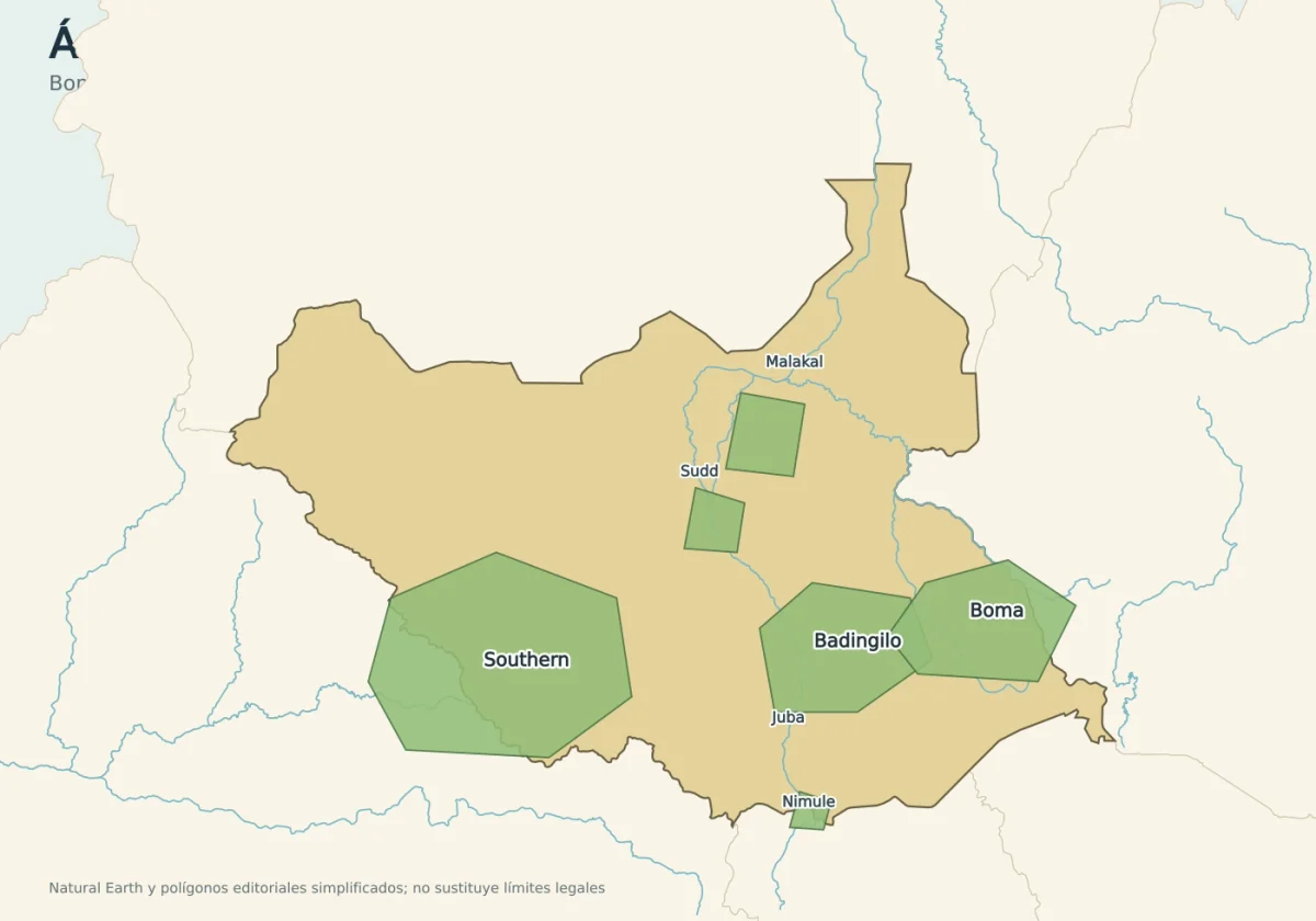 Mapa esquemático de áreas protegidas de Sudán del Sur con Boma, Badingilo, Southern National Park, Nimule, Shambe, Zeraf y el Sudd