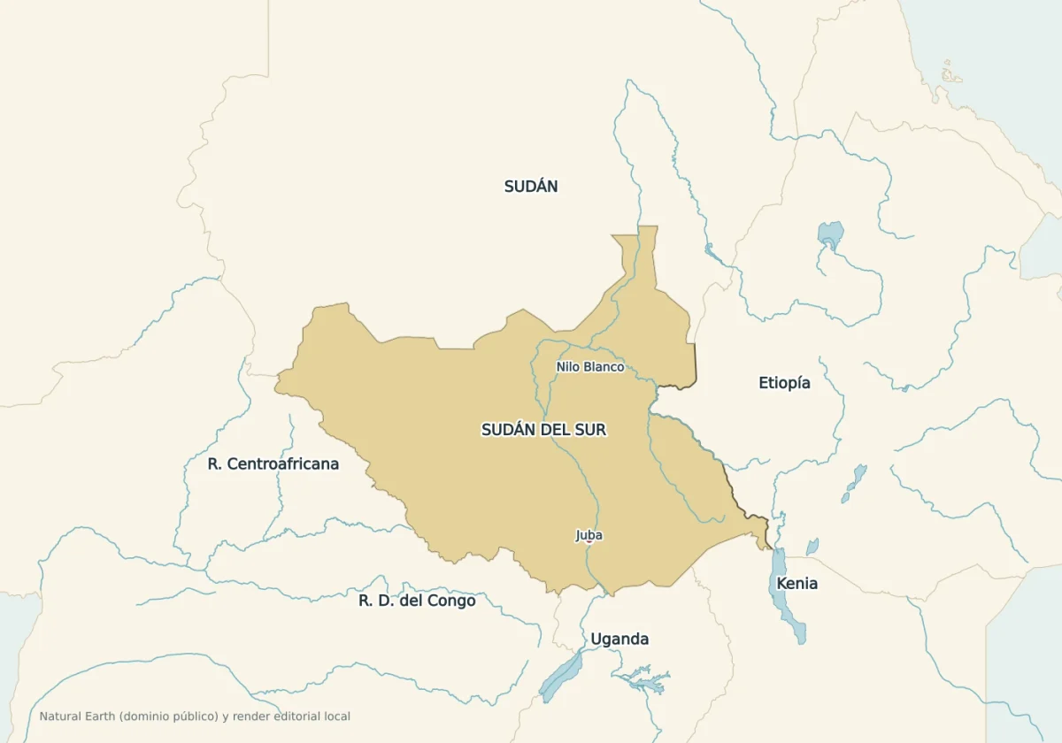 Mapa regional de Sudán del Sur con fronteras de Sudán, Etiopía, Kenia, Uganda, República Democrática del Congo y República Centroafricana
