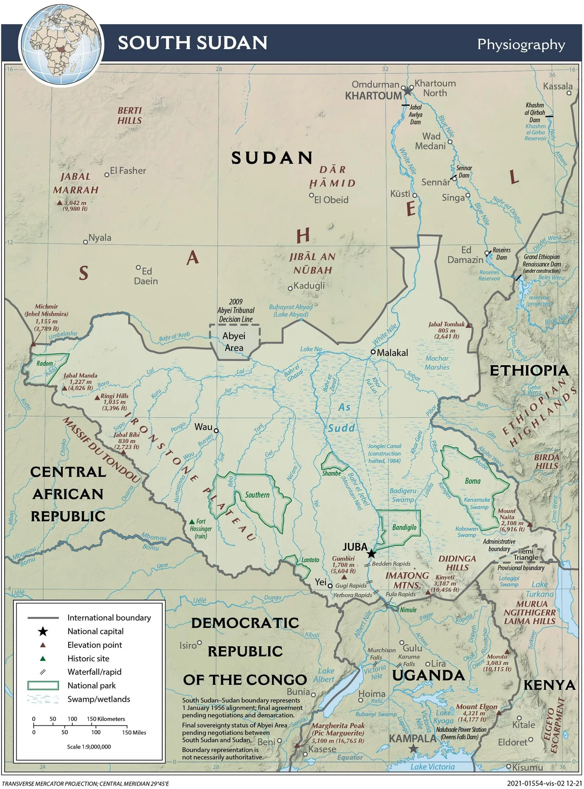 Mapa físico de Sudán del Sur con el Nilo Blanco, el Sudd, Bahr el Ghazal, Sobat, Pibor, Akobo, Boma, Didinga Hills y países vecinos