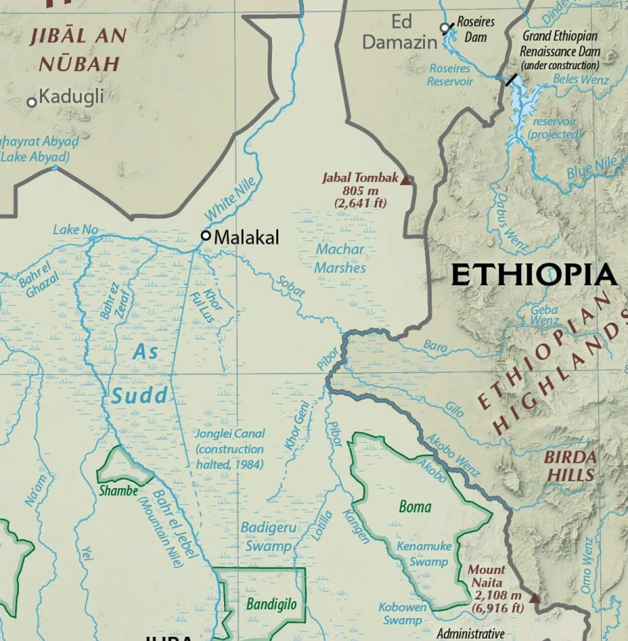 Detalle del Sudd en Sudán del Sur con Malakal, Shambe, el Nilo Blanco, Bahr el Zeraf, Machar Marshes, Kenamuke Swamp y Boma