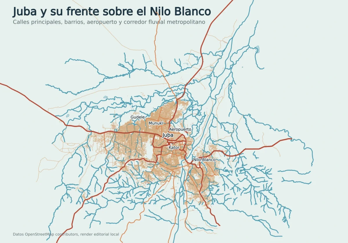Mapa urbano de Juba con barrios, carreteras principales, aeropuerto, Gudele, Munuki, Kator y el Nilo Blanco